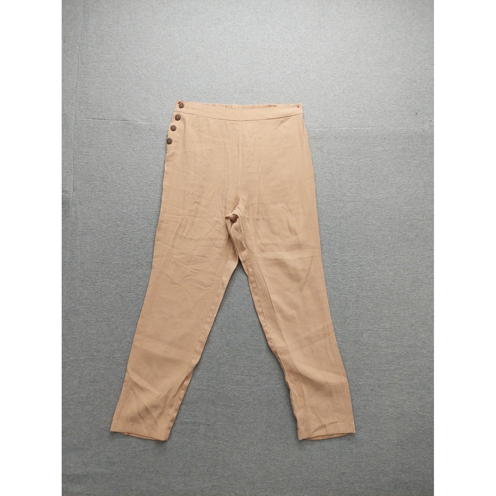 BCBGeneration Women Pants Beige Side Button Elastic Waist High Rise Logo Outdoor
